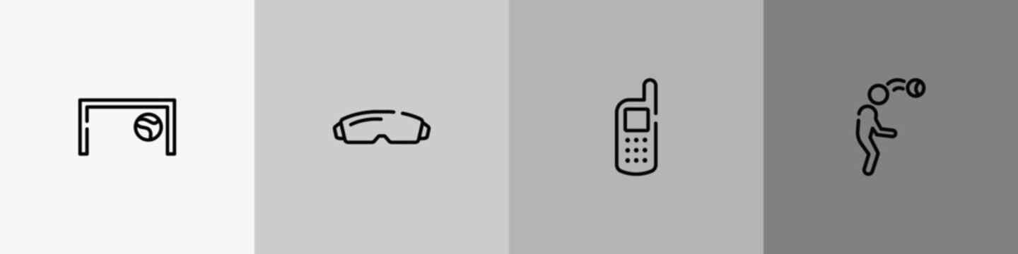 soccer outline icon set featuring football goal, goggle, variometer, head hitting icons.