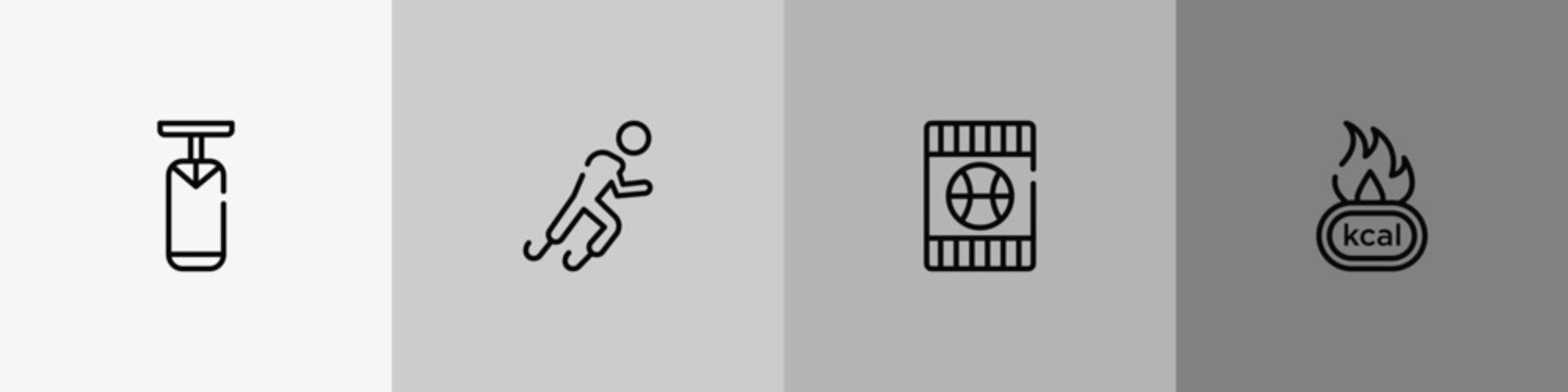 running outline icon set featuring boxing bag, paralympics, blue card, calories icons.