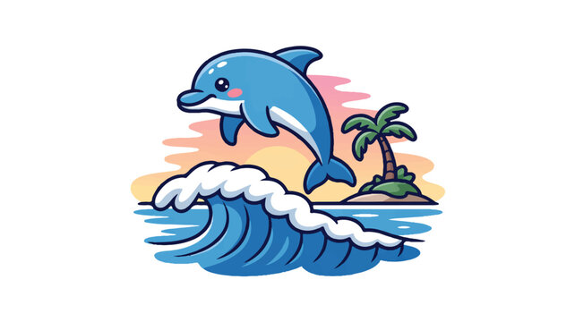 Dolphin jumping out of ocean wave near tropical island at sunset