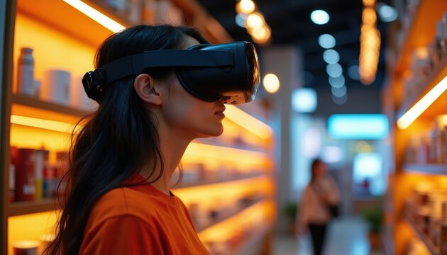 Woman tries virtual reality headset in modern store aisle. Futuristic tech headset used for augmented reality shopping experience. Person explores digital interface in retail space.
