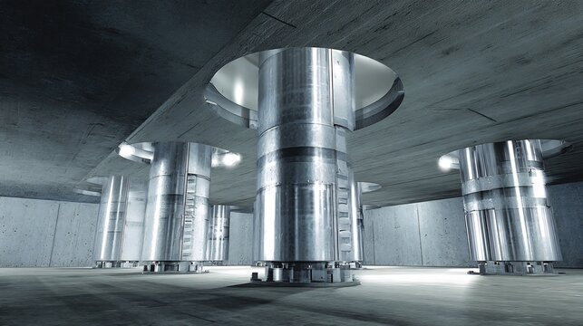 Detailed well lit architectural view underneath modern skyscraper showcasing massive cylindrical seismic base isolators made of thick rubber steel isolators separate concrete foundation building's