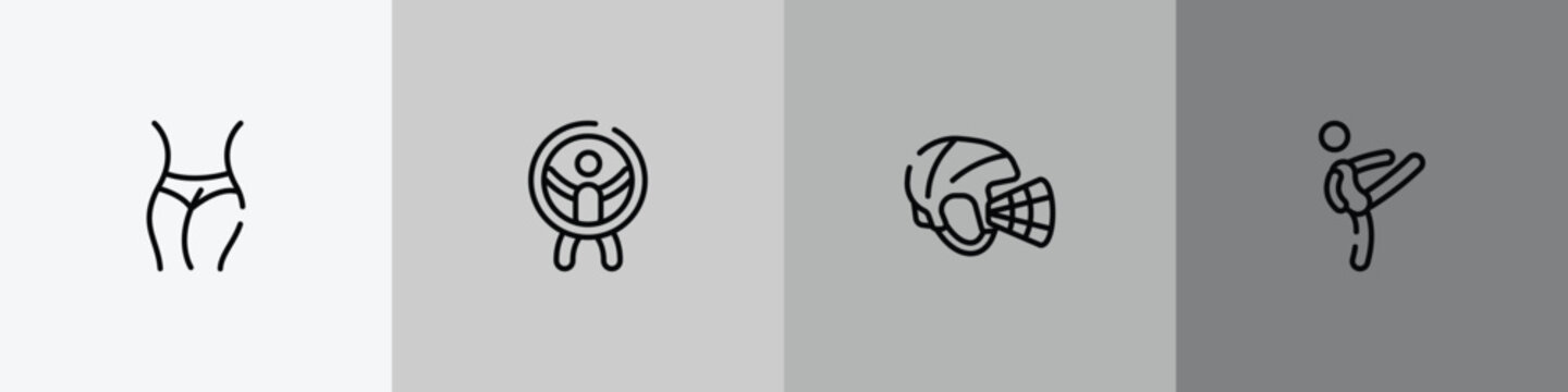 martial arts outline icon set featuring slim body, zorbing, hockey helmet, master icons.
