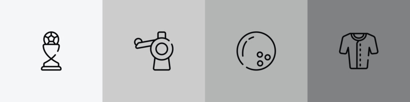 baseball outline icon set featuring football trophy, pitching hine, bowling ball, baseball jersey icons.