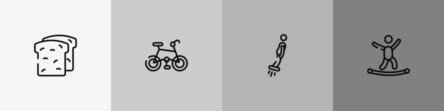 x treme outline icon set featuring whole wheat bread, mountain bike, flyboard, highlining icons.