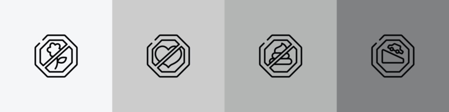 traffic signs outline icon set featuring no picking flowers, lovemaking, no pooping, descending icons.