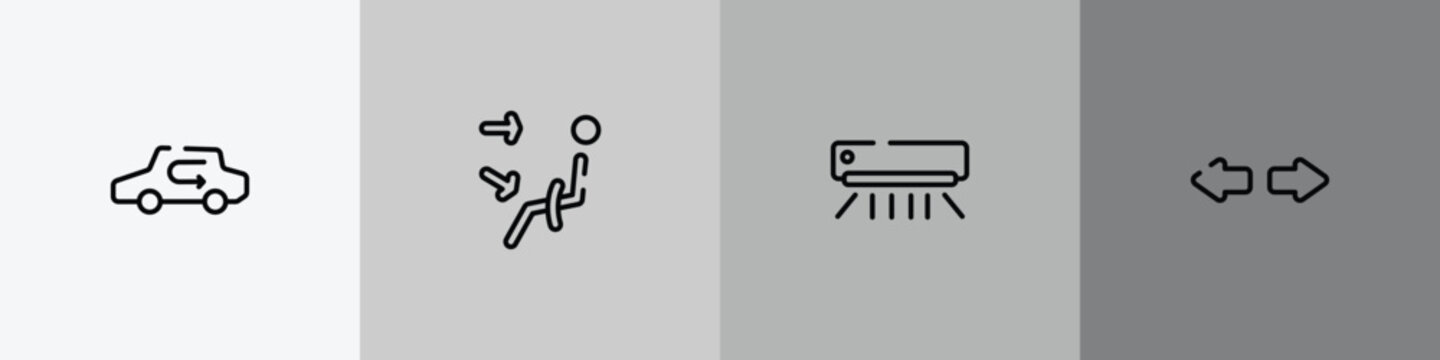 car dashboard signals outline icon set featuring recirculation, air outlet, air condition, turn icons.