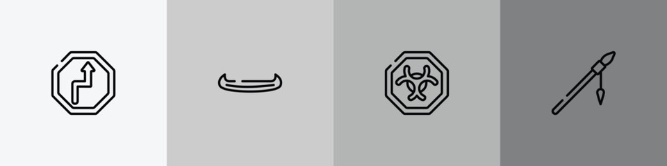 american indigenous outline icon set featuring bend, native american canoe, biological hazard, native american spear icons. © VectorStockDesign