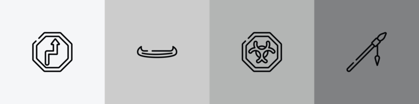 american indigenous outline icon set featuring bend, native american canoe, biological hazard, native american spear icons.
