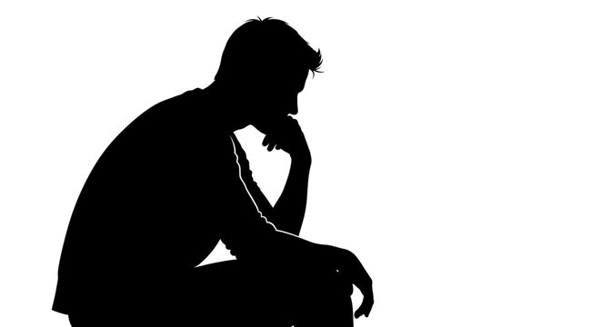 Silhouette of a man sitting in deep thought against a white background.