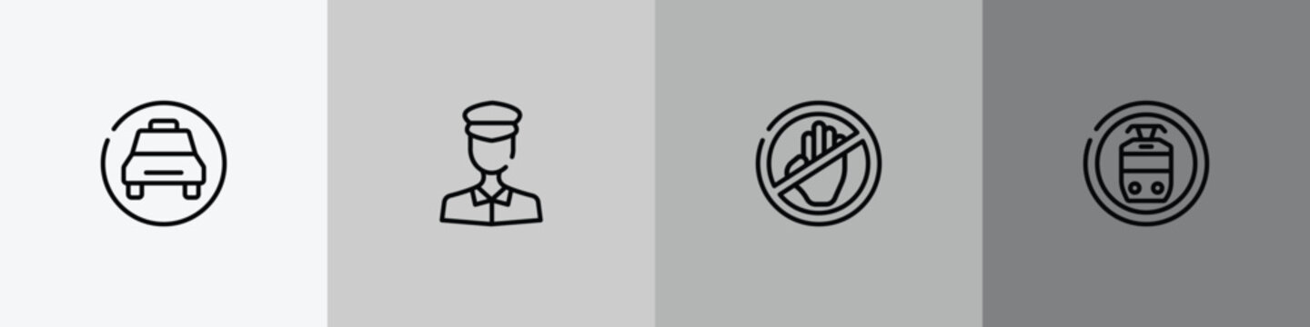 indications outline icon set featuring taxi stop, policeman figure, no arms, tram stop icons.