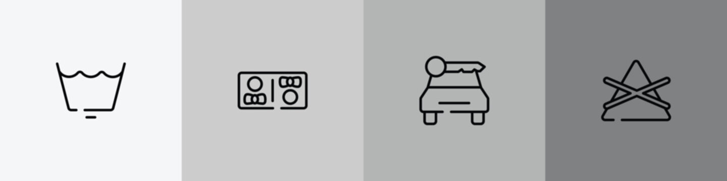 laundry instructions outline icon set featuring wash cycle permanent press, restroom, car rental, do not bleach icons.