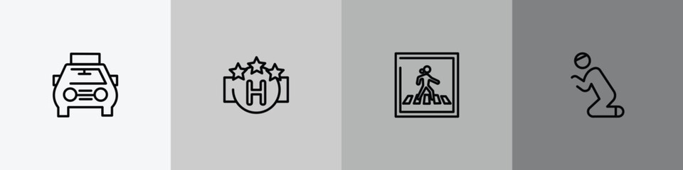 Fototapeta premium poi public places outline icon set featuring solar taxi, square hotel, pedestrian crossing, praying icons.