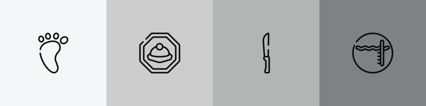 swimming pool rules outline icon set featuring four toe footprint, mine site, strong knife, pool depth icons.