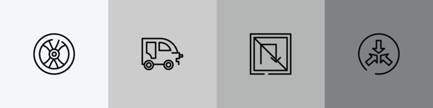 us road signs outline icon set featuring wheel vehicle part, autorickshaw, no turn, converging icons.