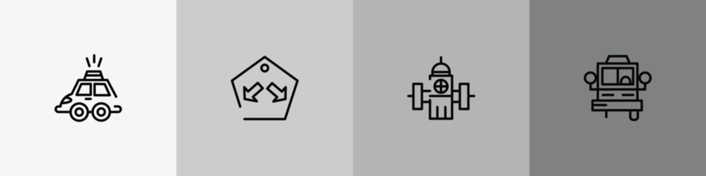 signals set outline icon set featuring hackney carriage, keep in lane, water bomb city supplier, bus front with driver icons.