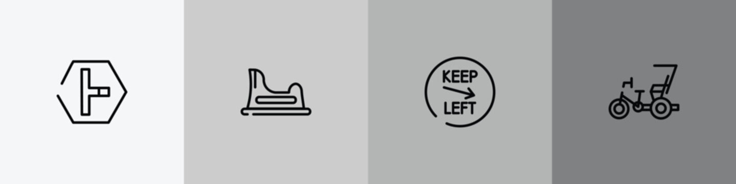 taxi service outline icon set featuring t junction, baby toilet, keep left, cycle rickshaw icons.