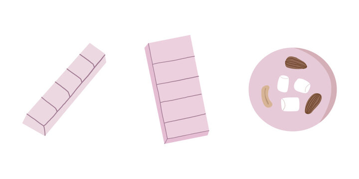 Pink strawberry chocolate bars and round candy with marshmallows, almond nuts and cashew, ruby chocolate vector set 