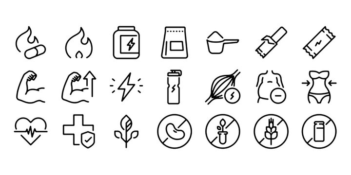 Nutrition, supplements and energy boosters icon set. Healthy diet, wellness, body strength and balanced living. Editable stroke icons isolated on transparent background.