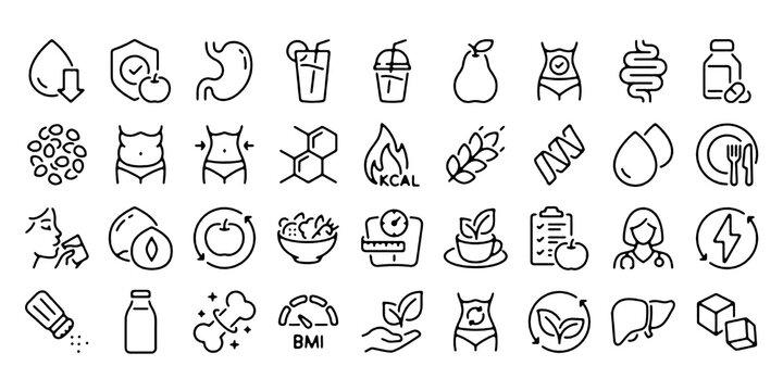 Nutrition, detox, healthy and organic food, weight loss, diet, metabolism and BMI icon set. Minimalist line icons set. Editable stroke icons isolated on transparent background.