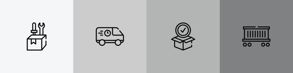 logistics outline icon set featuring construction and tools, food logistics, package for delivery, cargo train icons. © VectorStockDesign