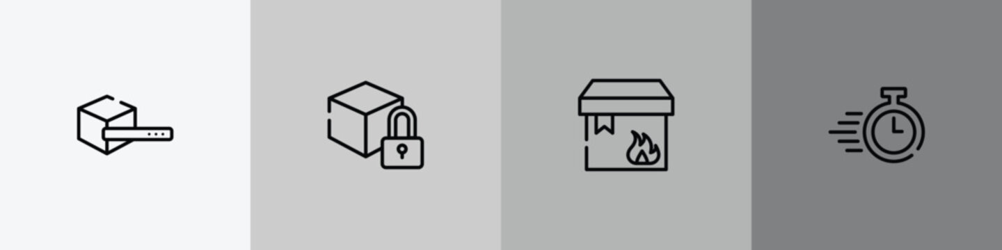 lineal logistic outline icon set featuring search box, locked pack, flammable package, delivery timer icons.