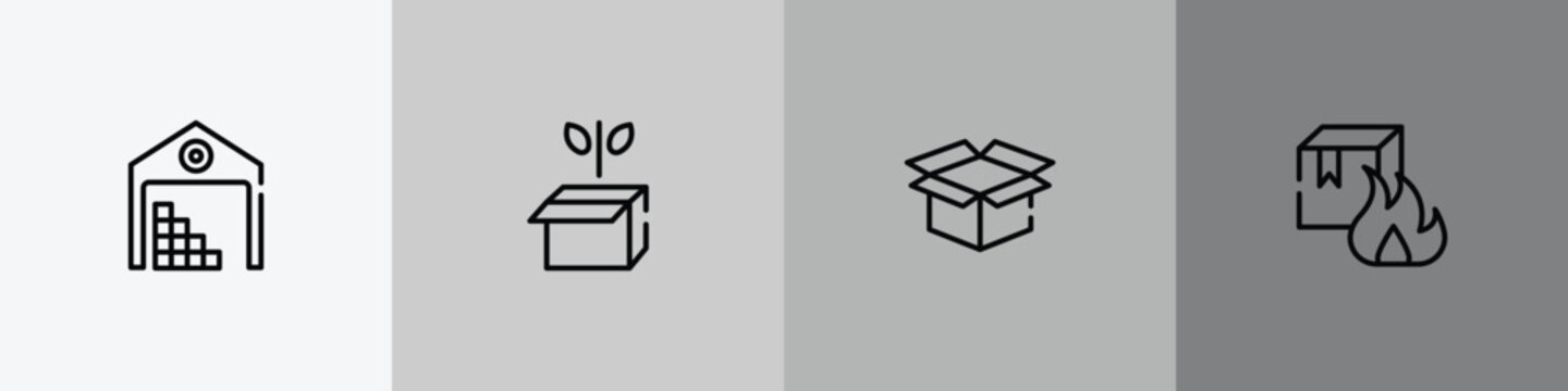 shipping and handly outline icon set featuring stack in deposite, green logistics, delivery package opened, flammable box icons.