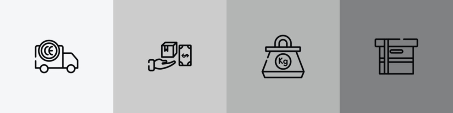 boxes outline icon set featuring european conformancy, cash on delivery, kilogram, small cardboard box icons.