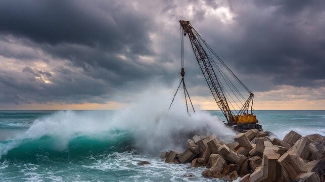 Dramatic high contrast shot of heavy duty unbranded crane lowering giant interlocking concrete tetrapod block into crashing turquoise ocean construct coastal defense seawall Dynamic sea spray dramatic