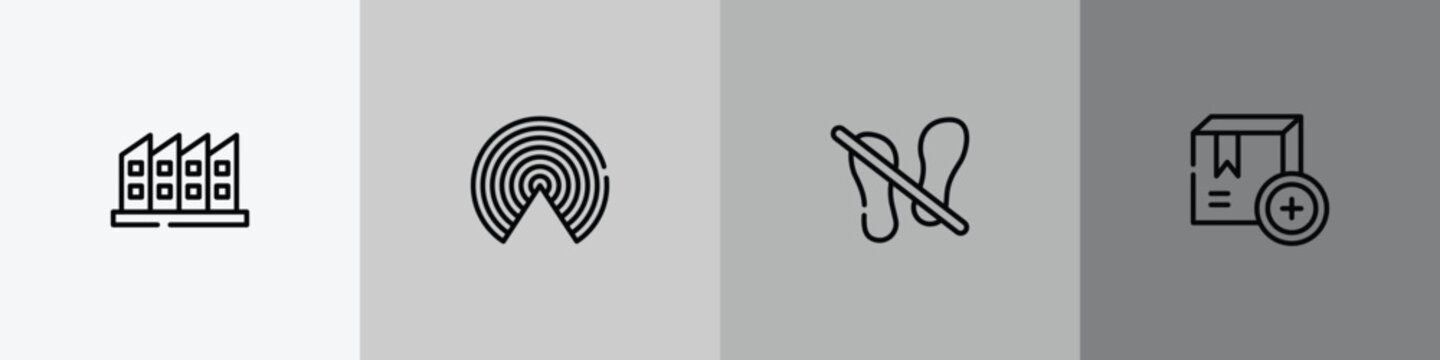 delivery outline icon set featuring manufacturing plant, airdrop, do not stand on, add package icons.