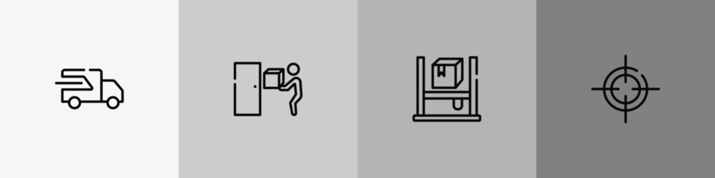 shipping and handly outline icon set featuring fast transport, doorstep, asrs, centre of gravity icons.