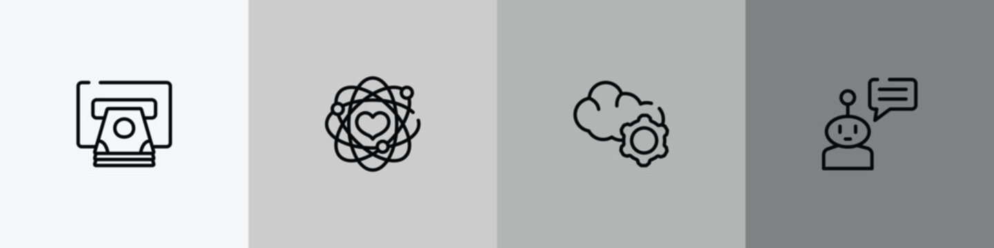 general outline icon set featuring atm cash, core values, cloud service, chat bot icons.