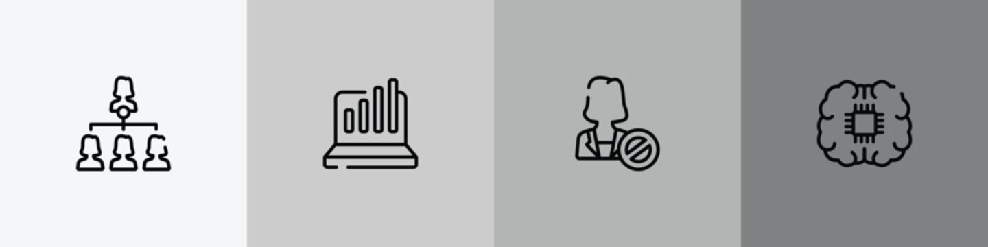 general outline icon set featuring hr strategy, info chart, impeachment, future technology icons.