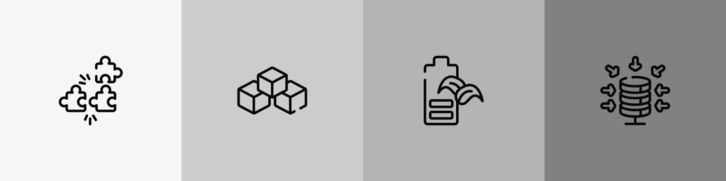 general outline icon set featuring compatibility, ar platform, eco battery, data aggregation icons.
