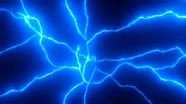 Zooming in tracking shot of blue electrical arcs expanding and branching across dark abstract background with glowing lightning energy effects