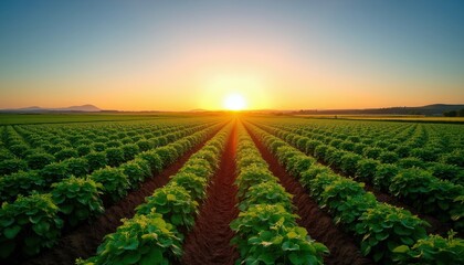 Naklejka premium Vast green potato rows stretch to horizon under golden summer sunset sky. Agricultural farmland shows perfect neat lines of growing crops. Organic farming practices ensure healthy plant produce for