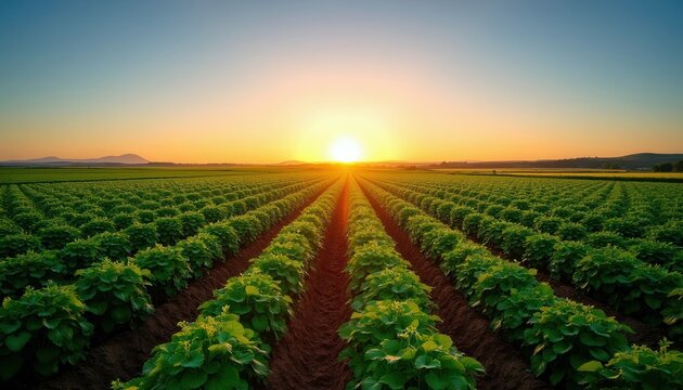 Vast green potato rows stretch to horizon under golden summer sunset sky. Agricultural farmland shows perfect neat lines of growing crops. Organic farming practices ensure healthy plant produce for