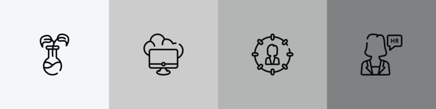 general outline icon set featuring bio technology, edge computing, direct marketing, hr manager icons.