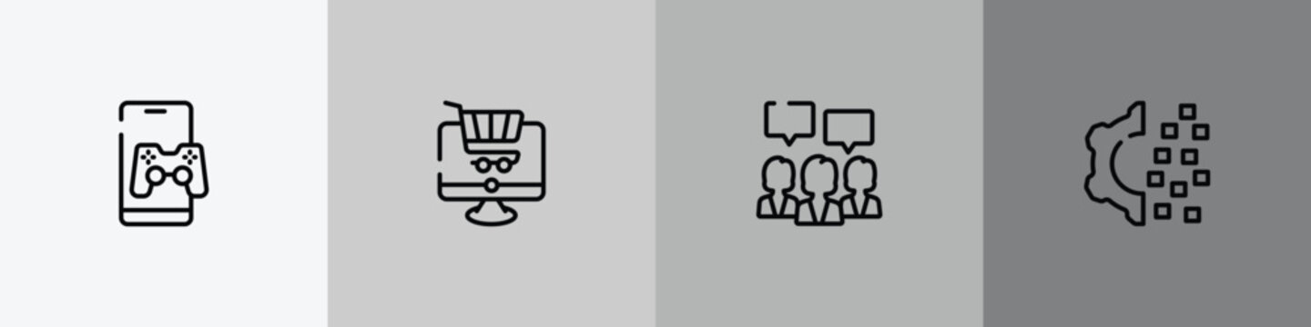 general outline icon set featuring in-game advertising, ecommerce platform, brand engagement, digital transformation icons.