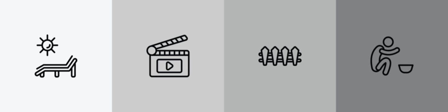 general outline icon set featuring deck chair under the sun, fragments, wooden fence, poor icons.