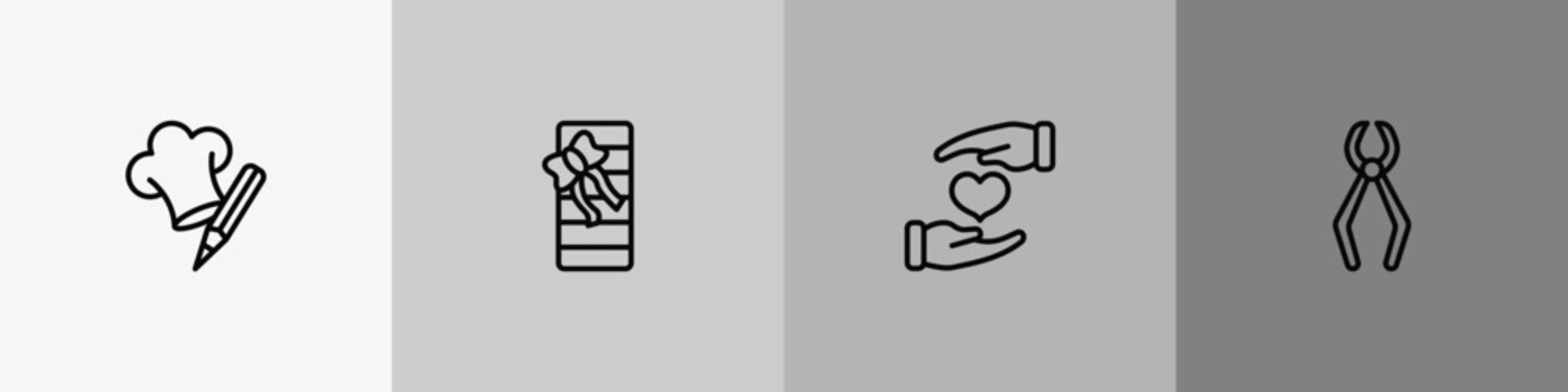 general outline icon set featuring chef hat with a pencil, birthday present, heart between hands, nail puller icons.