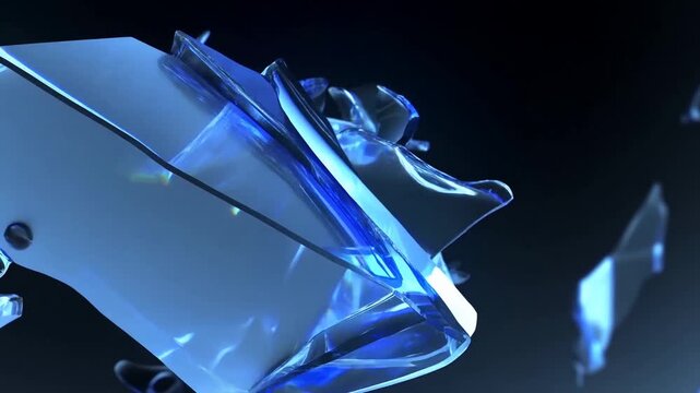 Slow motion tracking shot of broken glass shards tumbling and spinning over dark studio background with blue highlights and reflective surfaces