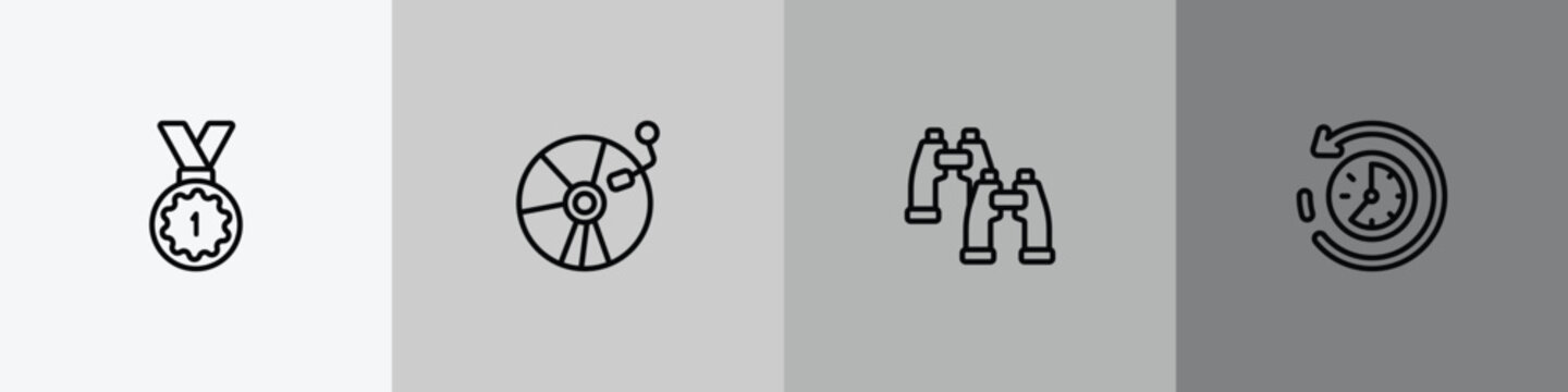 general outline icon set featuring number one medal, cd record, pair of binoculars, rewind time icons.
