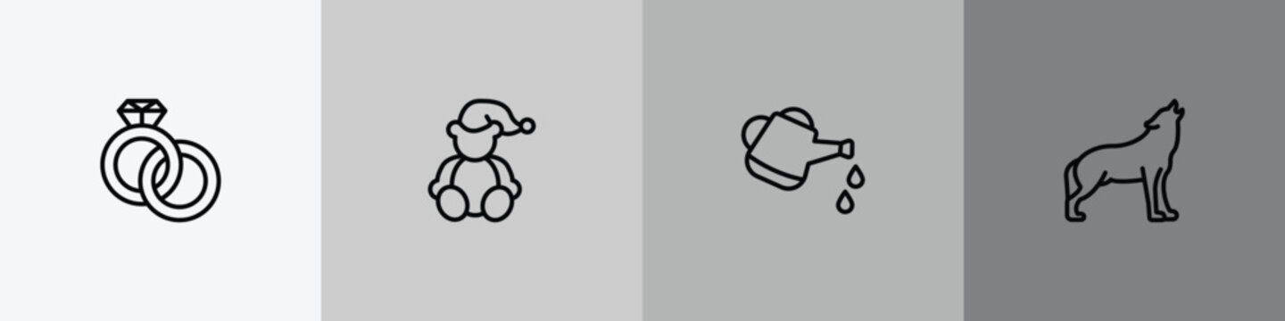 general outline icon set featuring interlocking rings, teddy bear with sleep hat, watering can with water drops, wolf howling icons.