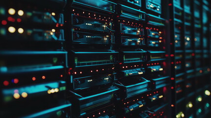 Server room racks featuring flashing indicator lights, symbolizing advanced computing power, network infrastructure, and critical digital data storage within a high tech communication system