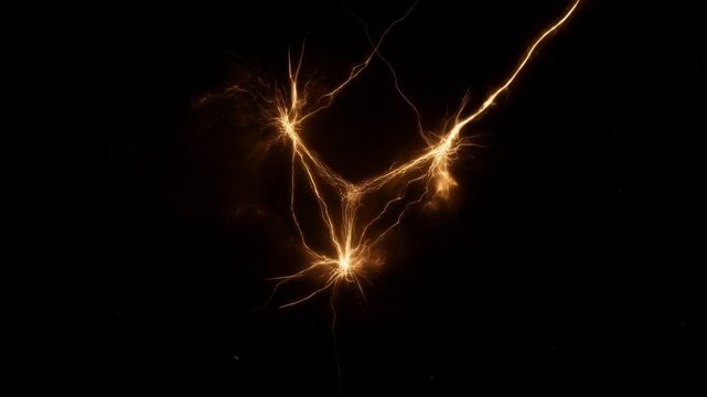 Slow motion close up of glowing electric arcs converging and branching on black background with sparks and drifting particles
