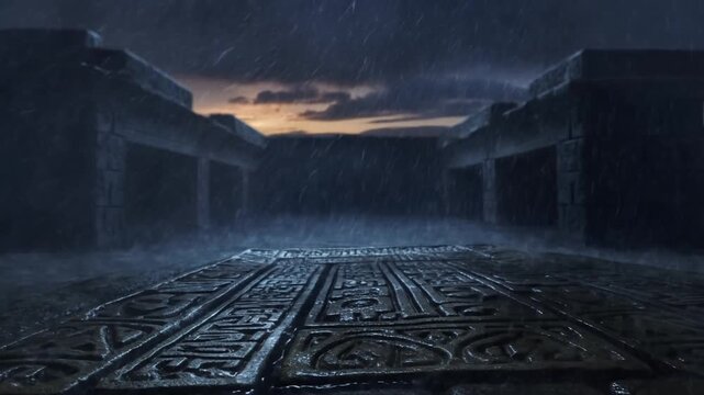 Tracking shot of carved stone floor leading into ancient temple courtyard during heavy rain at dusk with low ambient light and mist