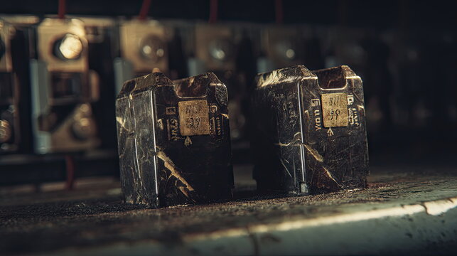 Worn vintage electrical fuses in a gritty industrial panel, close up detail of aged metal, wiring and decay conveying historical power systems and obsolete technology