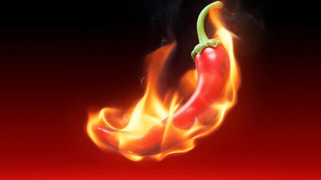 Slow motion tracking rotation of burning red chili pepper igniting and flickering with flames over red gradient studio background