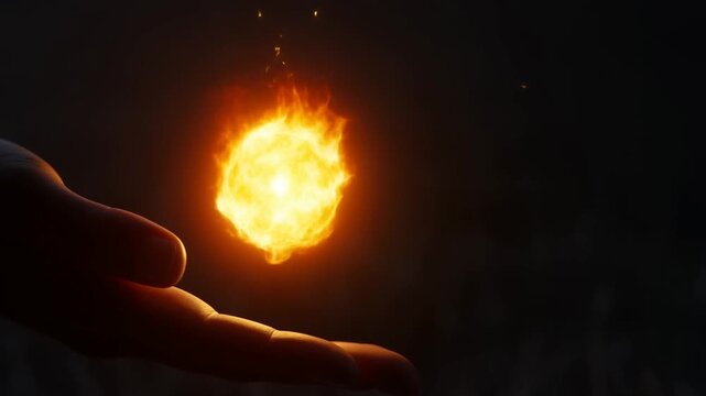Slow motion tracking shot of glowing fireball levitating above outstretched hand in dark studio setting with close up framing and dramatic lighting