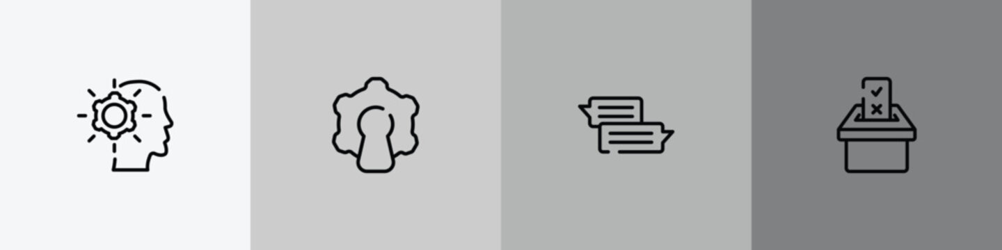 general outline icon set featuring realization, open source, text chat, referendum icons.